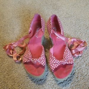 Pink polka dot lace up wedges